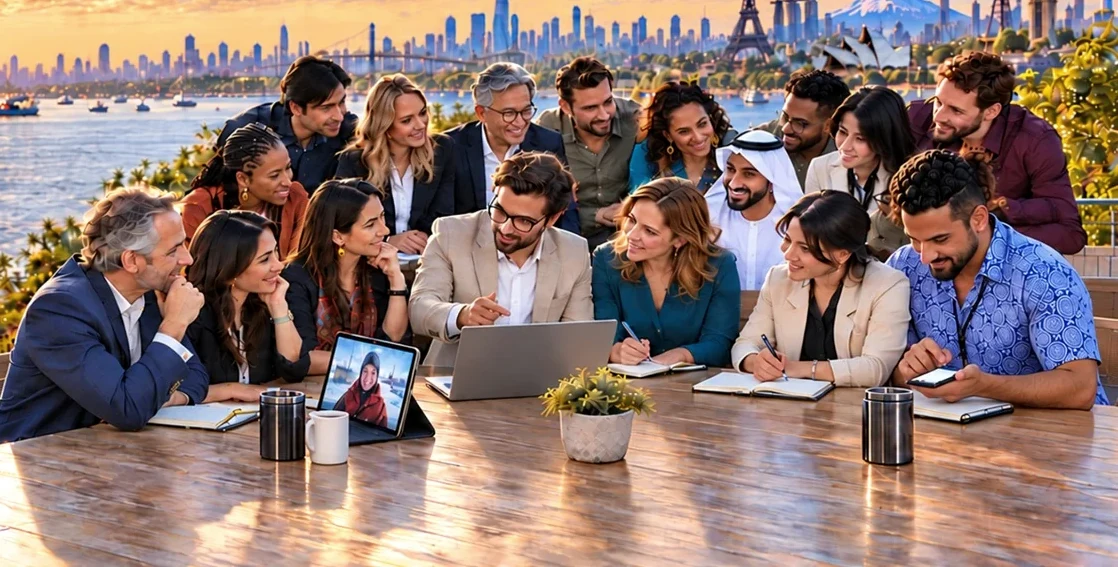 Colleagues from different countries reviewing work together on laptops