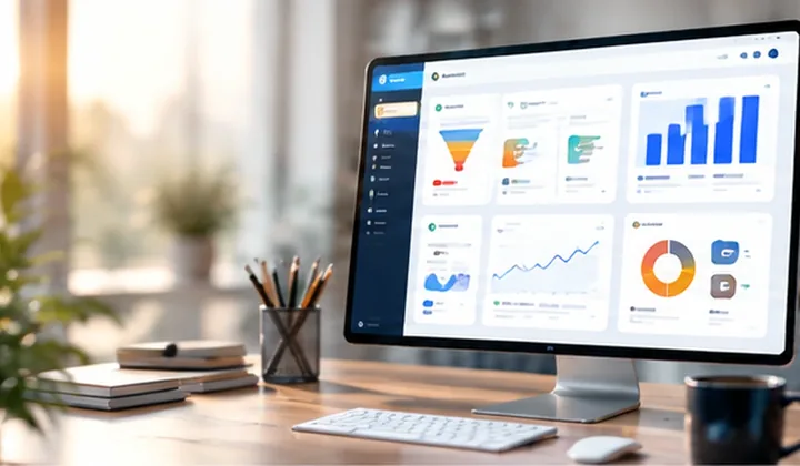 Zoho CRM and analytics dashboards on a desktop monitor